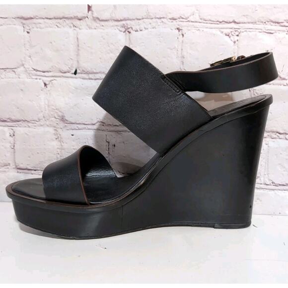 Tory Burch Lexington Black Leather Platform Wedge Sandals 9 Heels - Picture 8 of 13